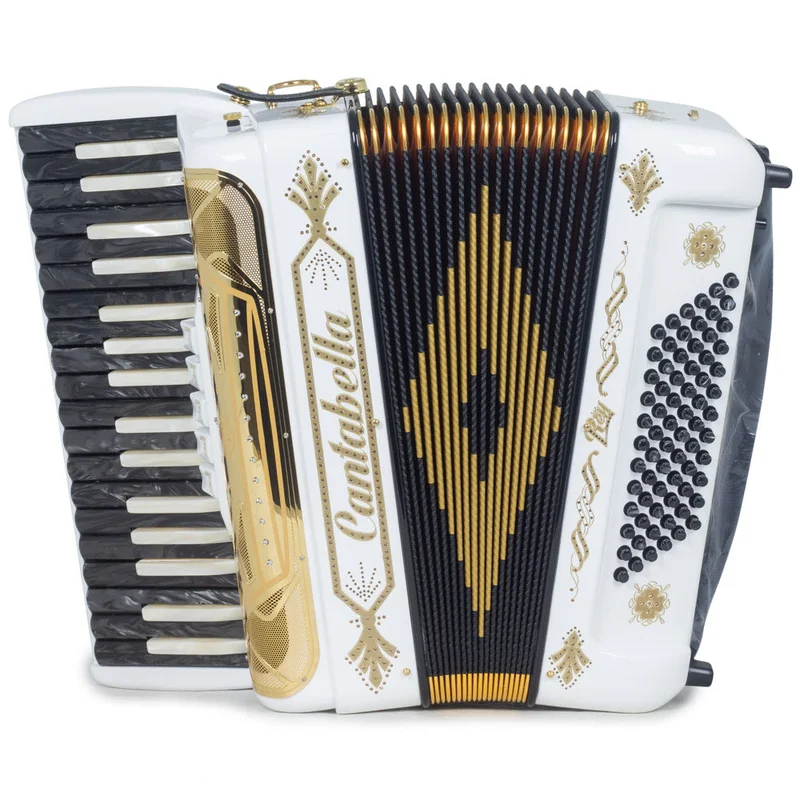 Cantabella Rey Acordéon de Teclas 5 Registros Blanco Lustroso con Diseño Dorado