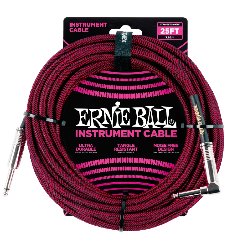 Ernie Ball 25 Foot Braided Straight/Angle Instrument Cable – BLACK / RED