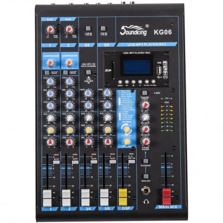 Consola Análoga 2 Mic/Line 2 Stereo In 1 Aux Pre 1 Aux Post DSP FX Rep.Grab USB Bluetoo – Soundking – KG06