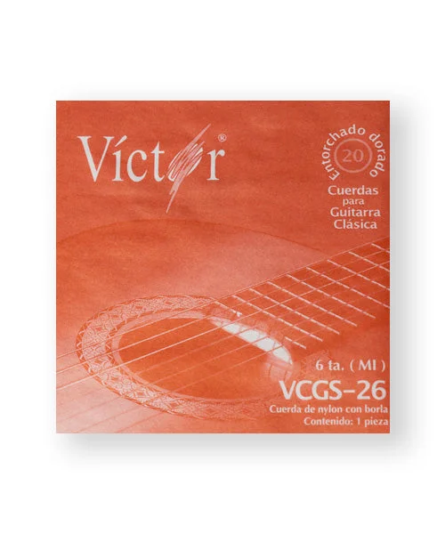 Víctor Cuerda 26(10) para Guitarra Clásica, 6A, Nylon Entorchado Dorado con Borla, 10 piezas