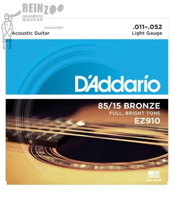 D’Addario EZ910 85/15 Bronze Light Acoustic Guitar Strings Full Bright Tone || 0.011-0.052