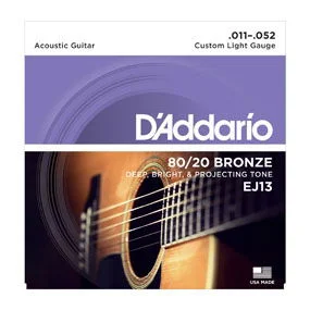 D’ADDARIO EJ13 80/20 BRONZE MUTA CORDE CHITARRA ACUSTICA CUSTOM LIGHT GAUGE 011-052 EJ-13