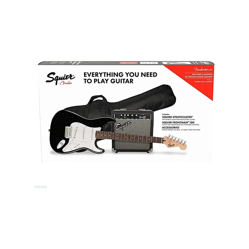 Squier SQ10G Stratocaster Pack, KIt Chitarra Elettrica aurel Fingerboard, Black, Gig Bag, Amplificatore 10G